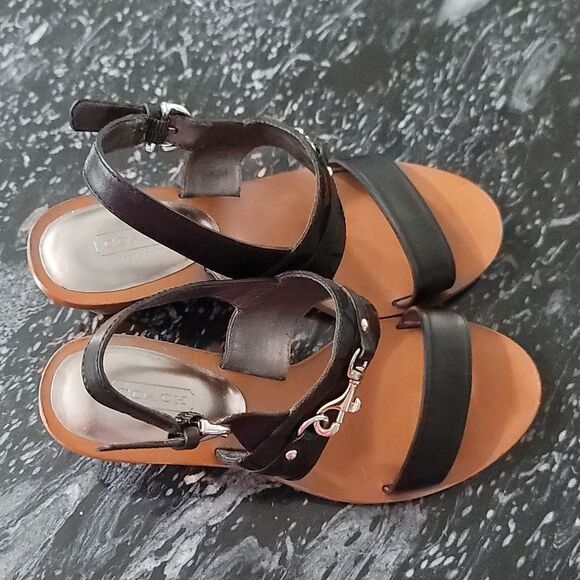 COACH PAM SIG C LOGO LEATHER WEDGE HEELS SANDALS - Picture 8 of 16